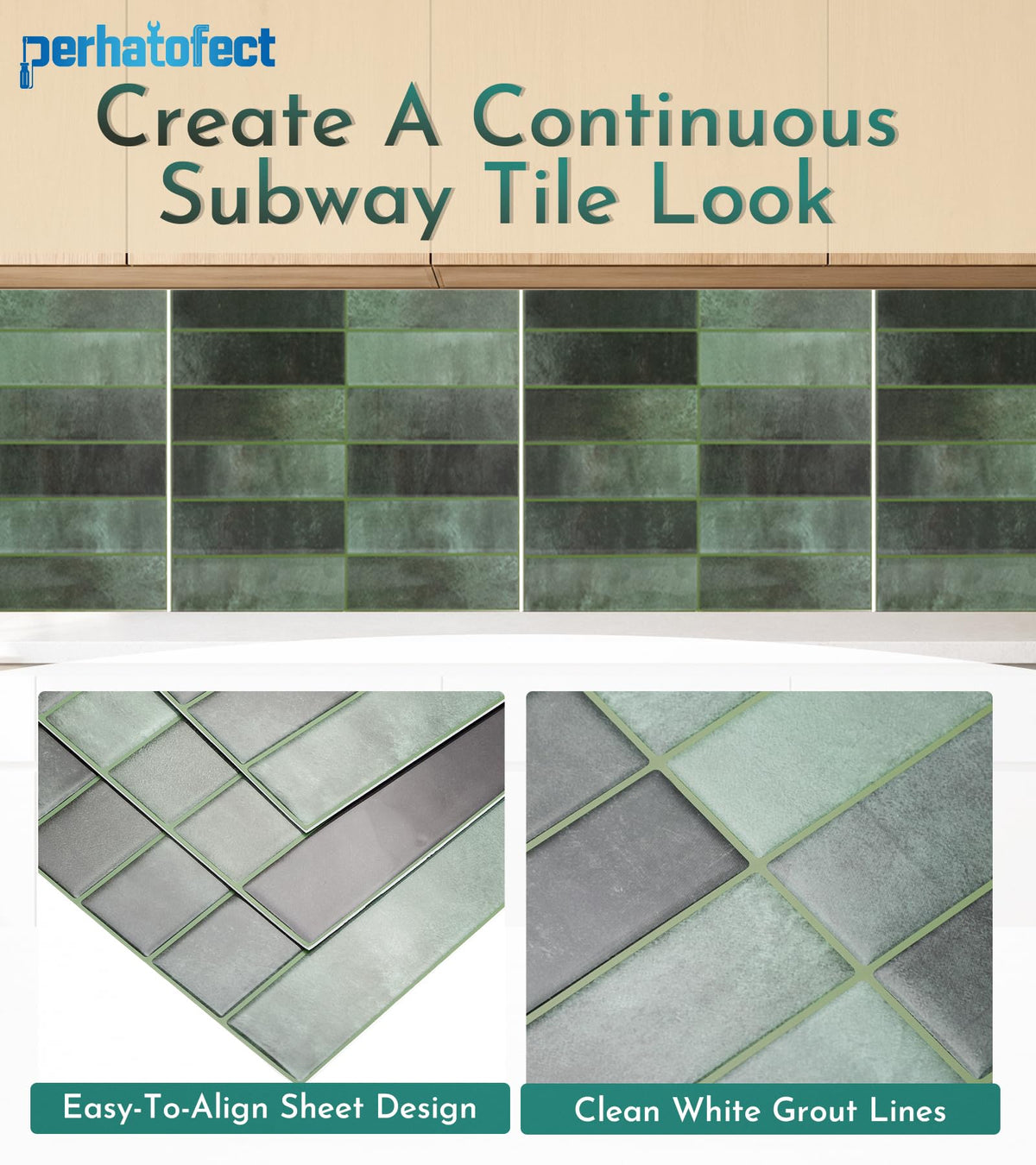 10 Sheets Vintage Green Peel and Stick Subway Wall Tiles, 12 x 12 in