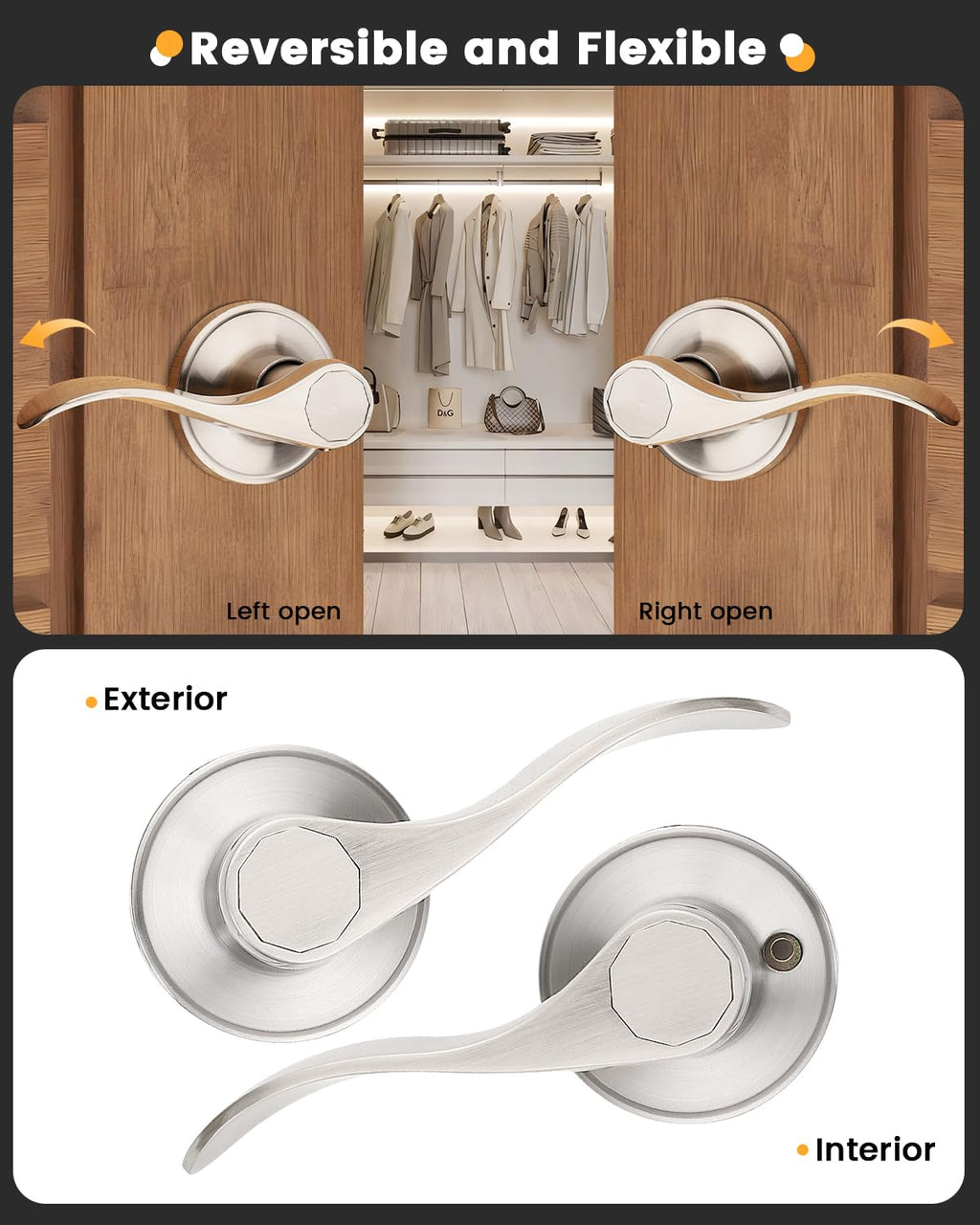 6 Pack Hall and Closet Wave Door Levers in Satin Nickel, Interior Passage Brushed Nickel Heavy Duty Door Knobs