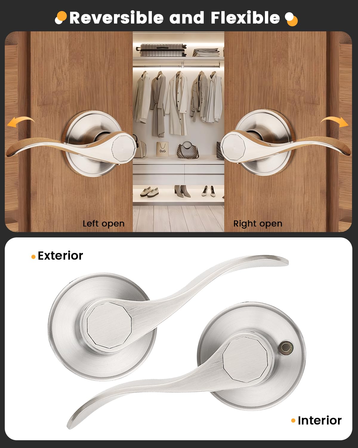 6 Pack Hall and Closet Wave Door Levers in Satin Nickel, Interior Passage Brushed Nickel Heavy Duty Door Knobs