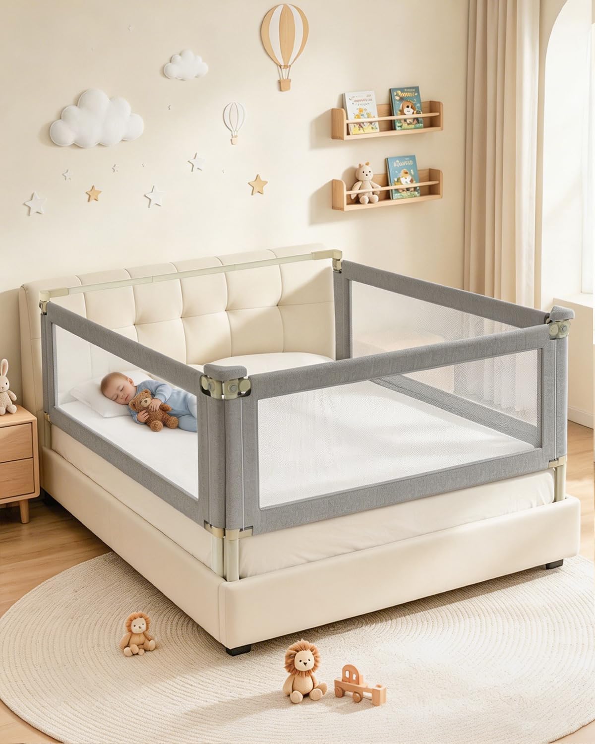 3-Piece Full Size Bed Rail for Toddlers, Baby Bed Rail Guard with Height Adjustable, Headboard Rod, Bed Safety Rails