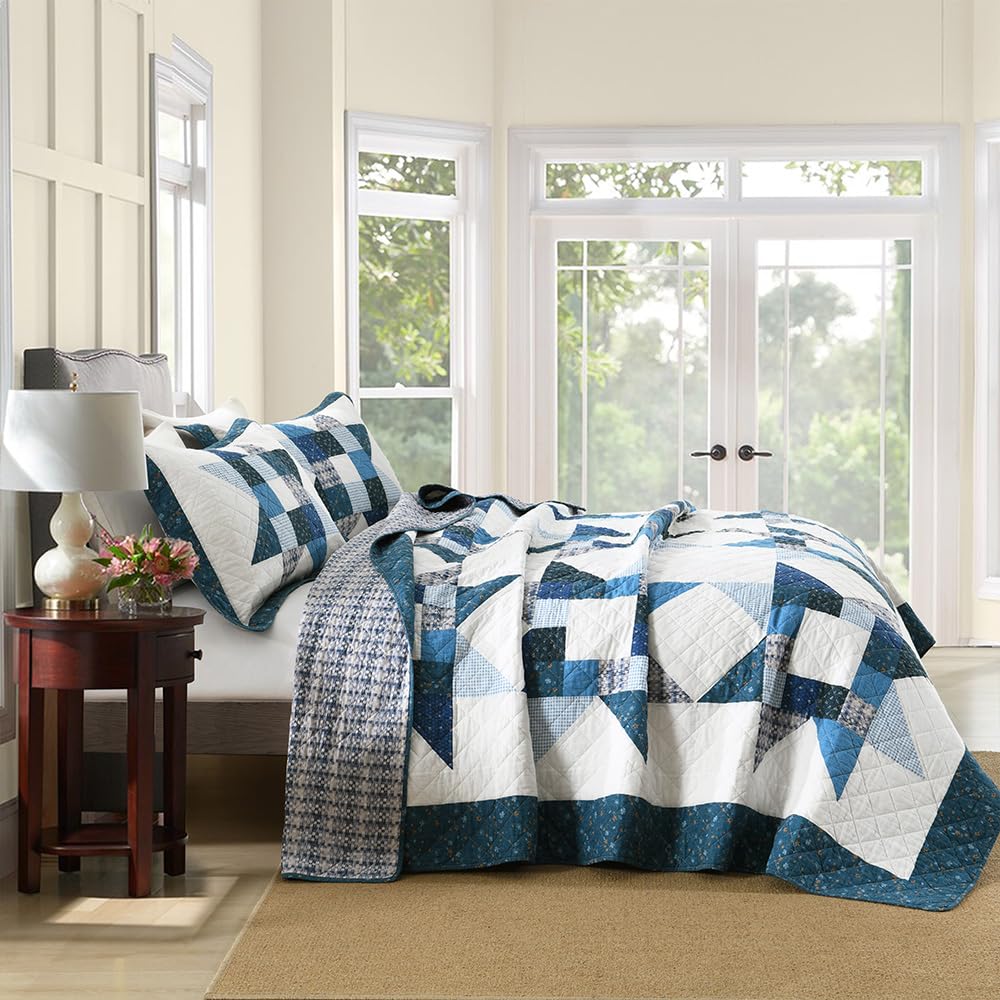Cotton Quilt Bedding Sets 3 Pieces Soft Reversible Coverlets Luxury Star Real Patchwork Bedspread, Blue White