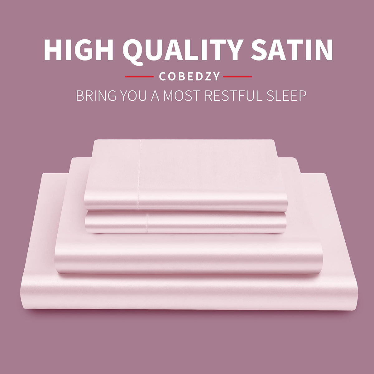 Satin Bed Linen Set, 4Pcs Luxury Soft Silky Sheets with Deep Pocket Fitted Sheet, Blush Pink