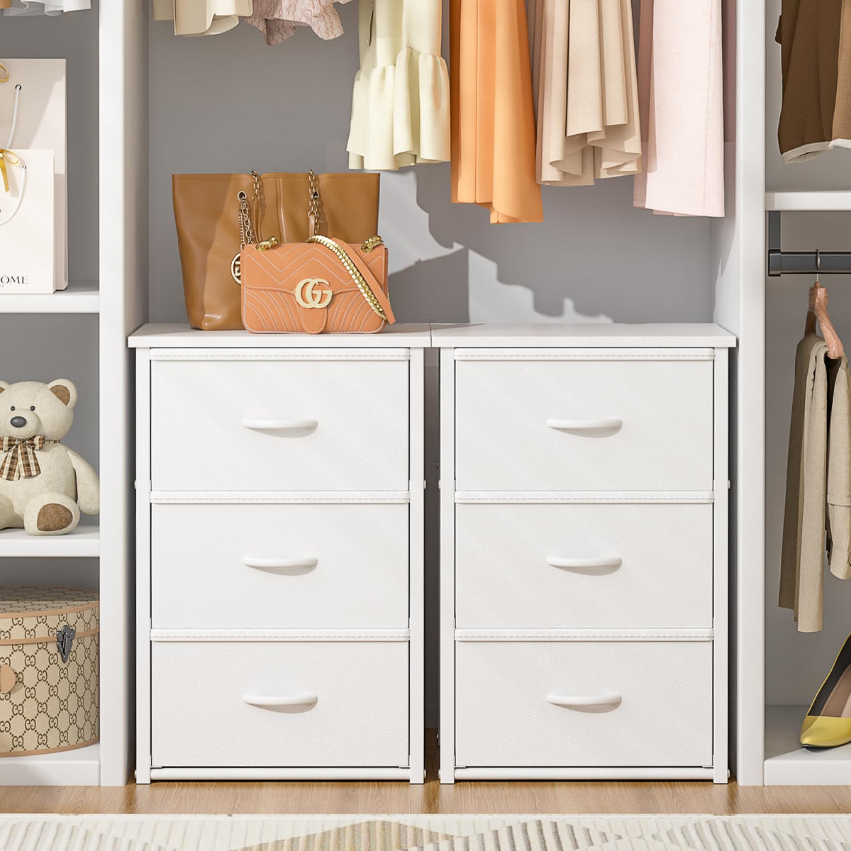 2-Pack Stackable Storage Drawers (6 Drawers Total), White Closet Drawers Organizer for Clothes with Wooden Top &
