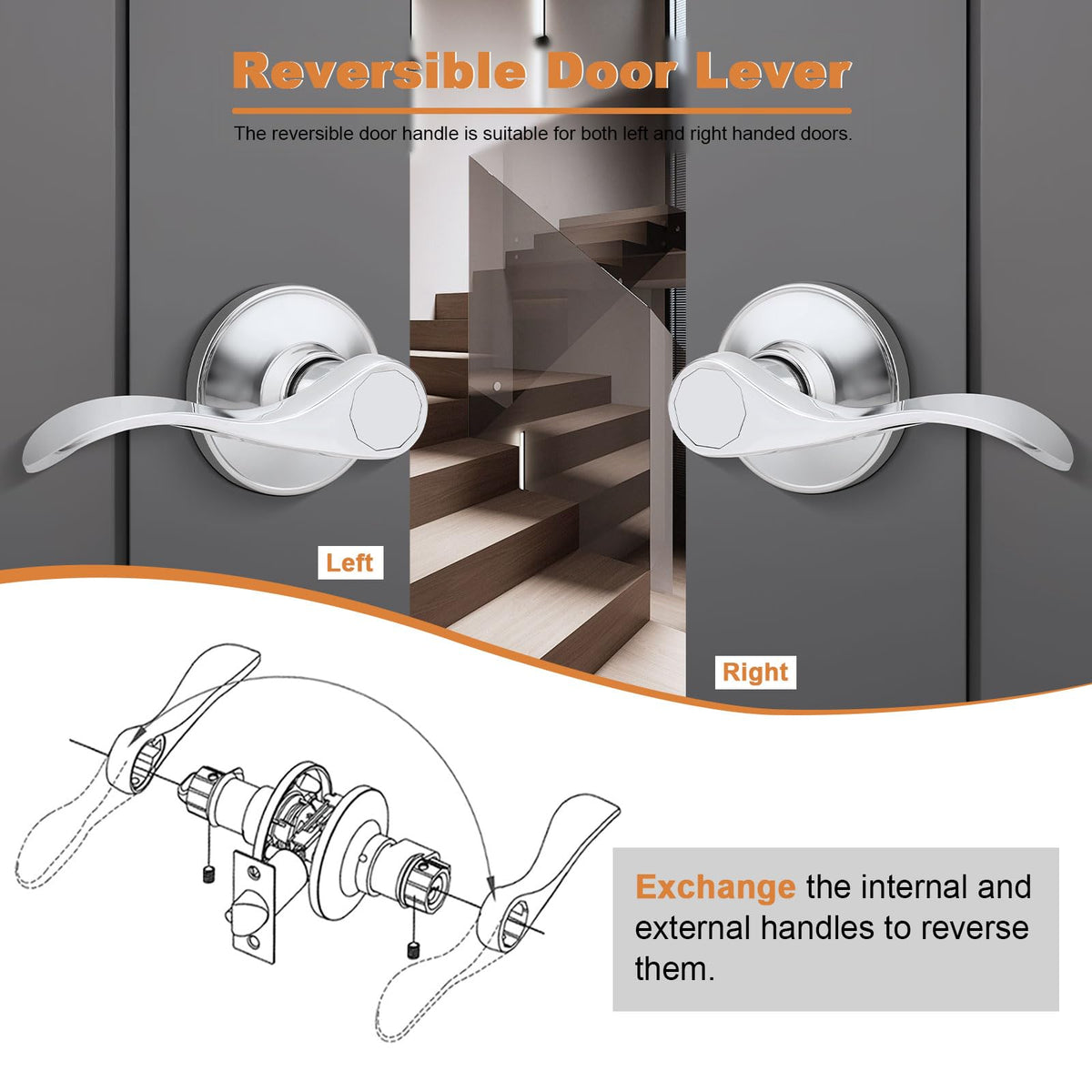 Interior Door Handle Lever Chrome Door Handles Passage Door Lever Handle, Closet Door Handle Polished Chrome Interior