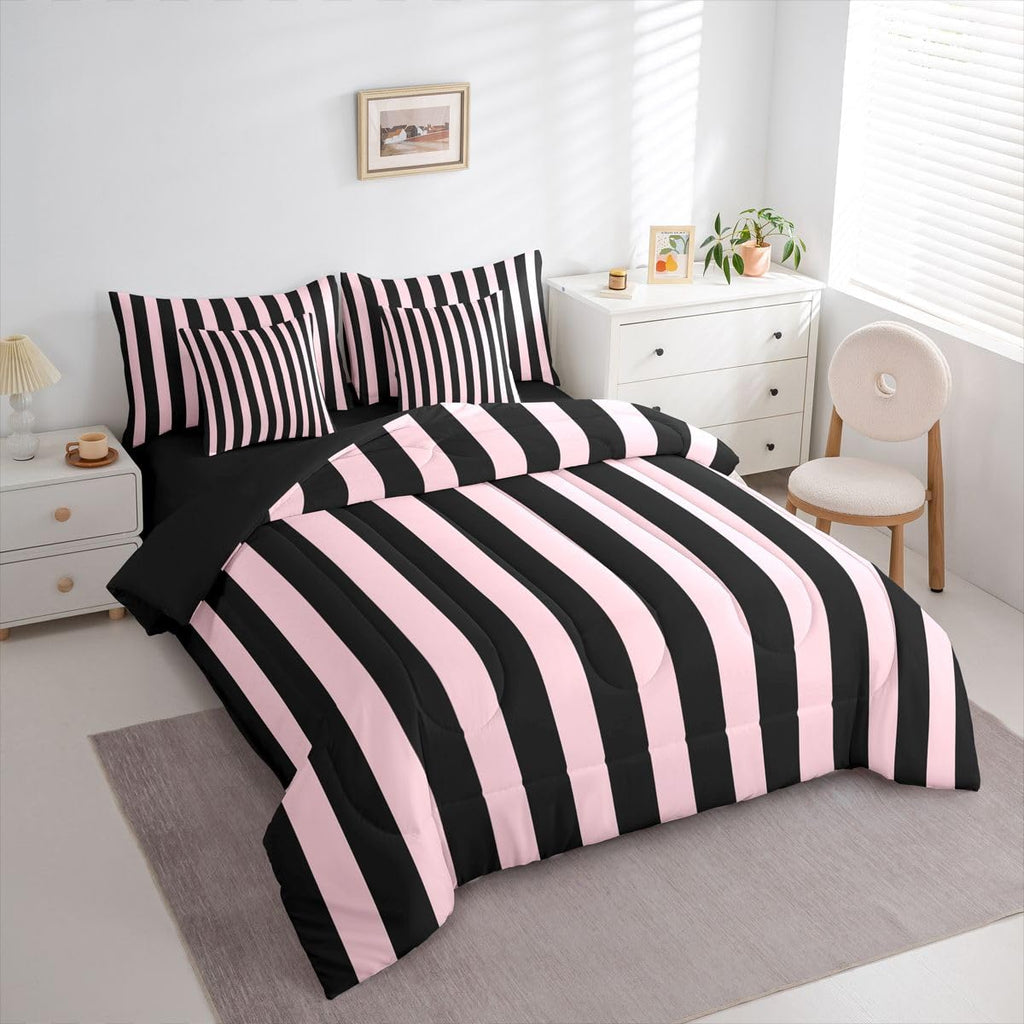 Pink and Black Striped Bedding Set Stripes Comforter Set