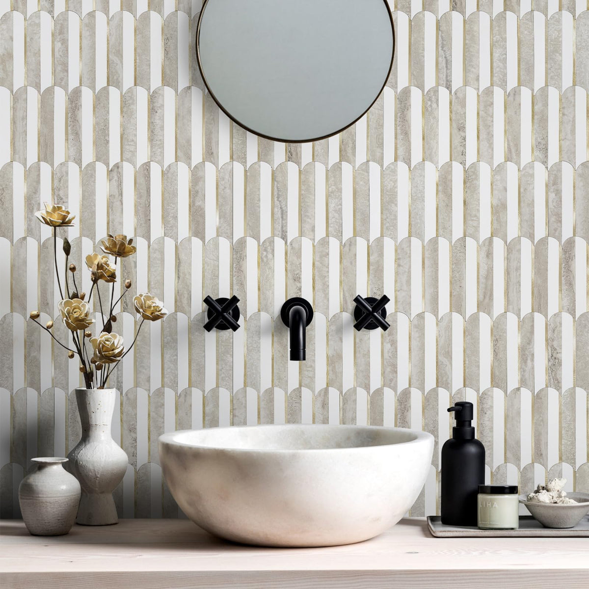 Peel and Stick Backsplash Seamless Tile ,White and Beige Slate PVC Mixed Light Gold Self Adhesive Fish Scale Metal