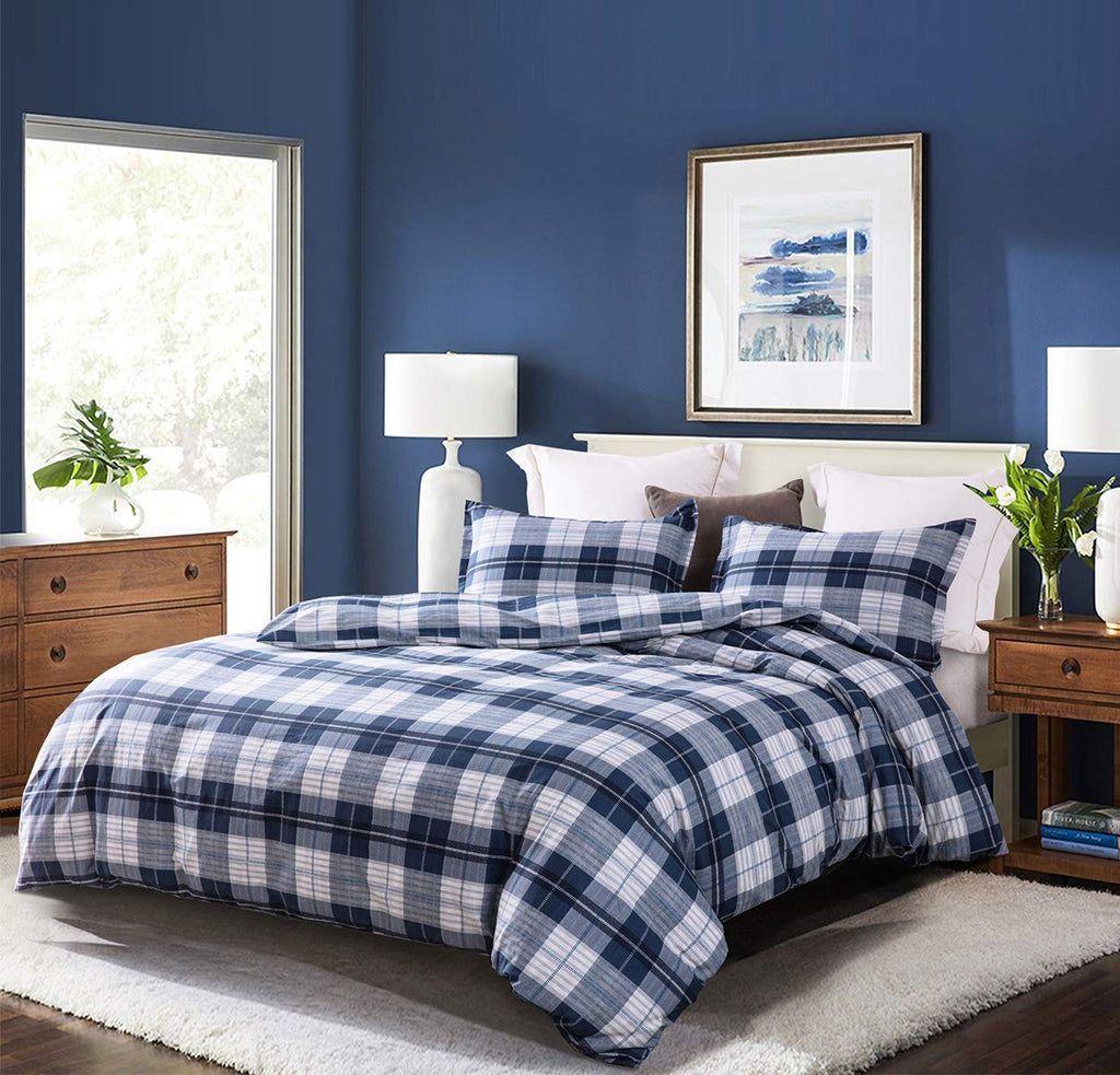 Comforter, 600 Thread Count Cotton Navy Blue & Grey Buffalo Pattern Blue Plaid Comforter Sets, Down