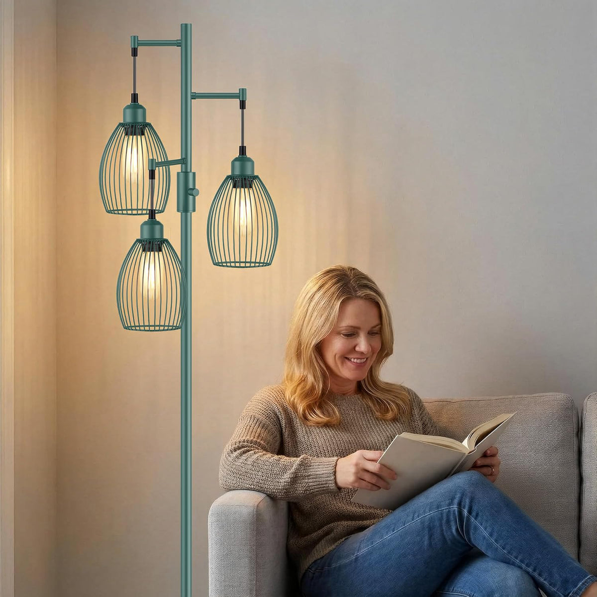 Dimmable Floor Lamp, Industrial Floor Lamps, Green Tree Lamp Standing Lamp Tall Lamps with 3 Elegant Teardrop Cage