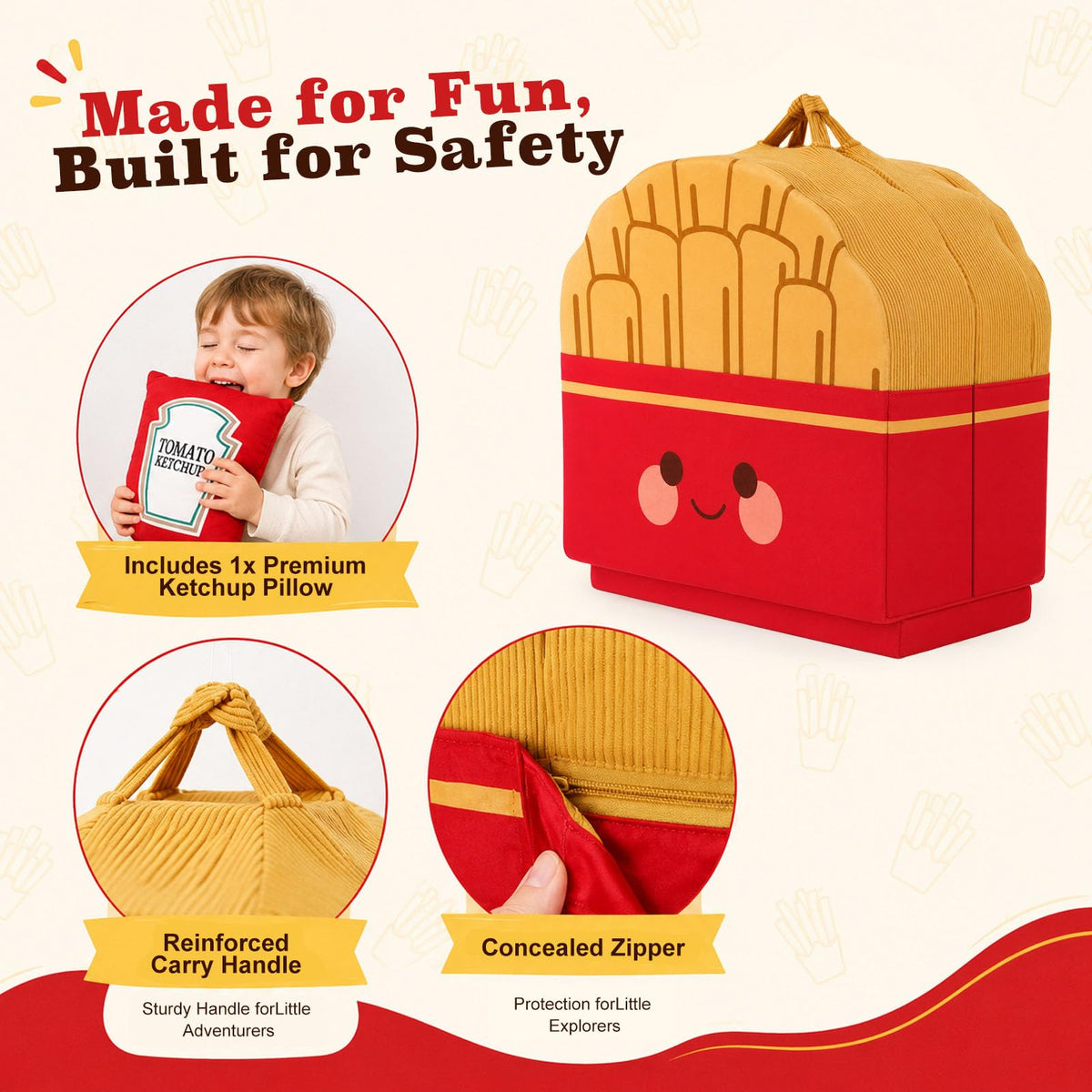 Toddler Travel Bed "French Fries" Style with "Ketchup" Pillow - Portable Toddlers Floor Beds, Foldable Soft Foam