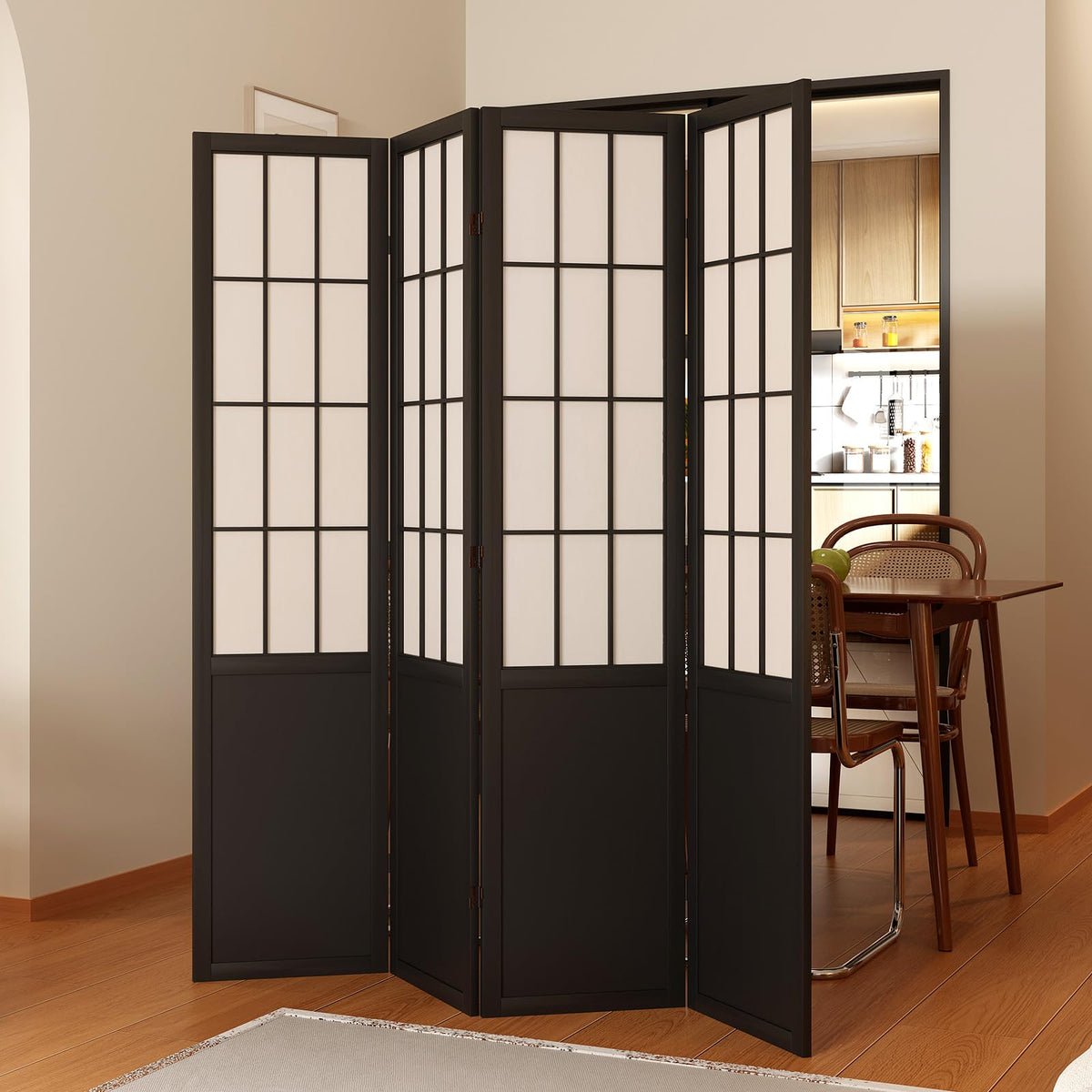 Room Divider, 66.9Inch Tall Japanese Shoji Style Folding Wood Screen with Double Hinges Bedroom Hotel Decoration