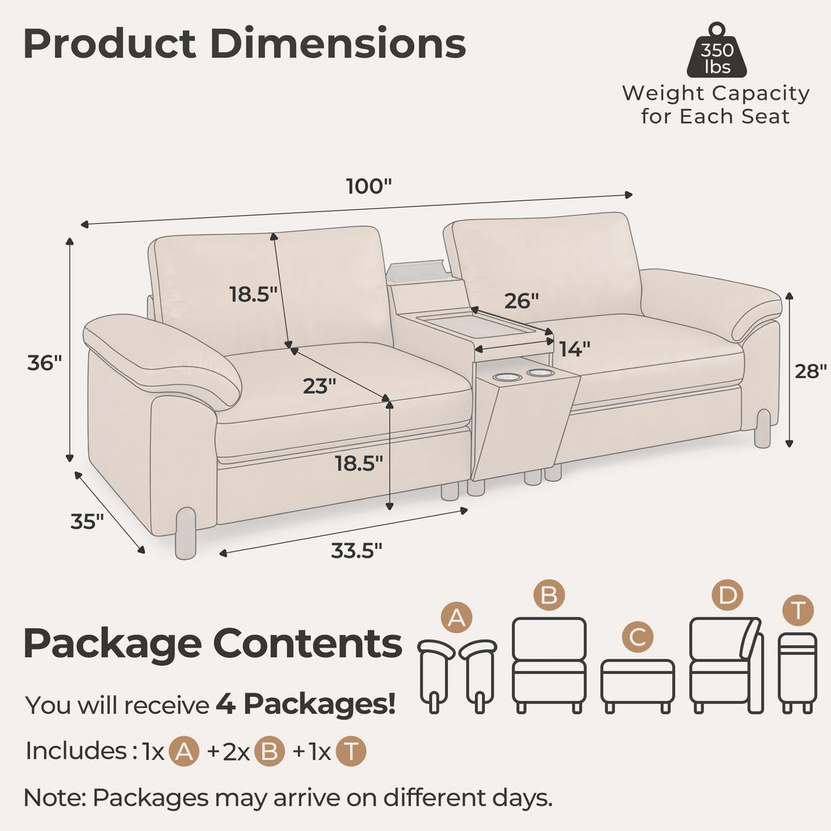 Cloud Couch Sectional, 2 Seater with Console, Faux Leather in Brown