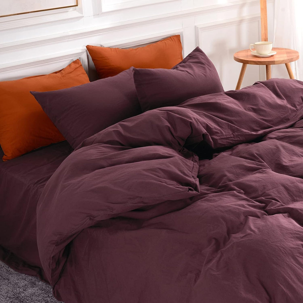 Red Gingham Duvet Cover Set, 100% Washed Cotton Beige Plaid Check