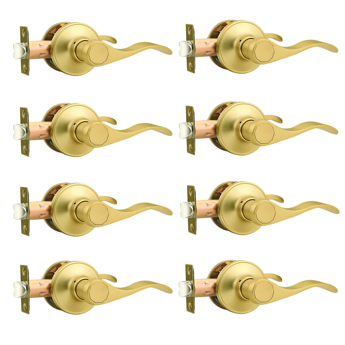 Gold Door Handles - Interior Passage Lever, Brushed Gold Closet Handles, Wave Style, 8 Pack