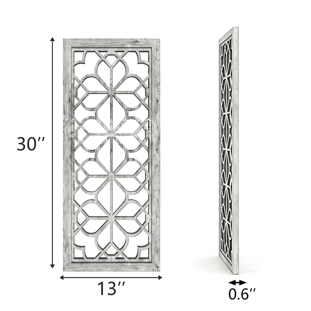 Set of 2 13x30 Inch Large Grey Shatterproof Carved Floral Wood Frame Wall Mirrors, Boho Farmhouse Rustic Accent
