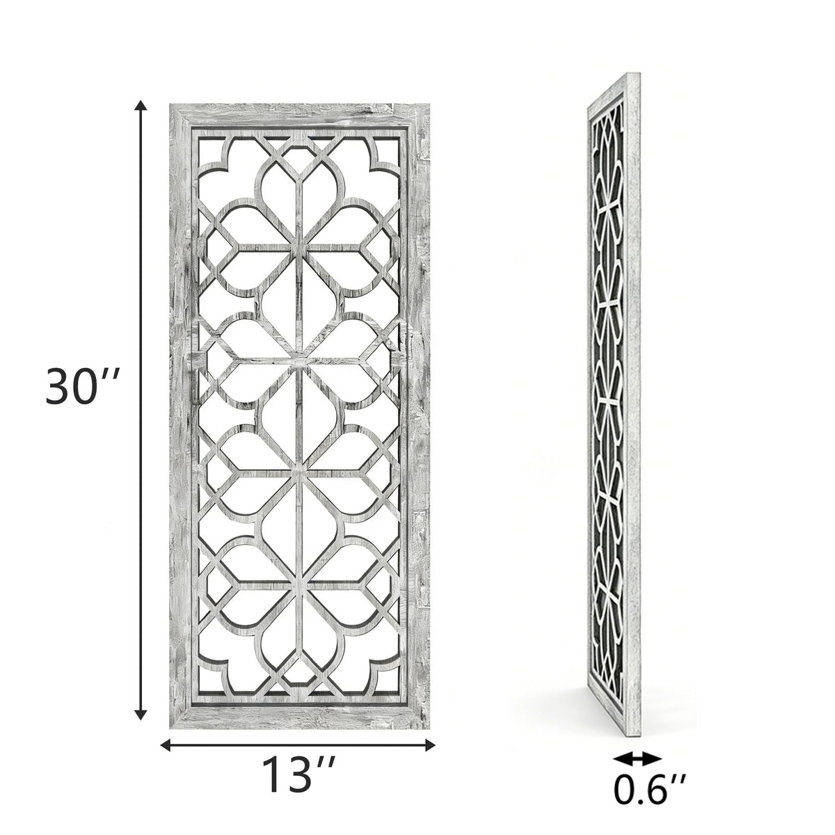 Set of 2 13x30 Inch Large Grey Shatterproof Carved Floral Wood Frame Wall Mirrors, Boho Farmhouse Rustic Accent