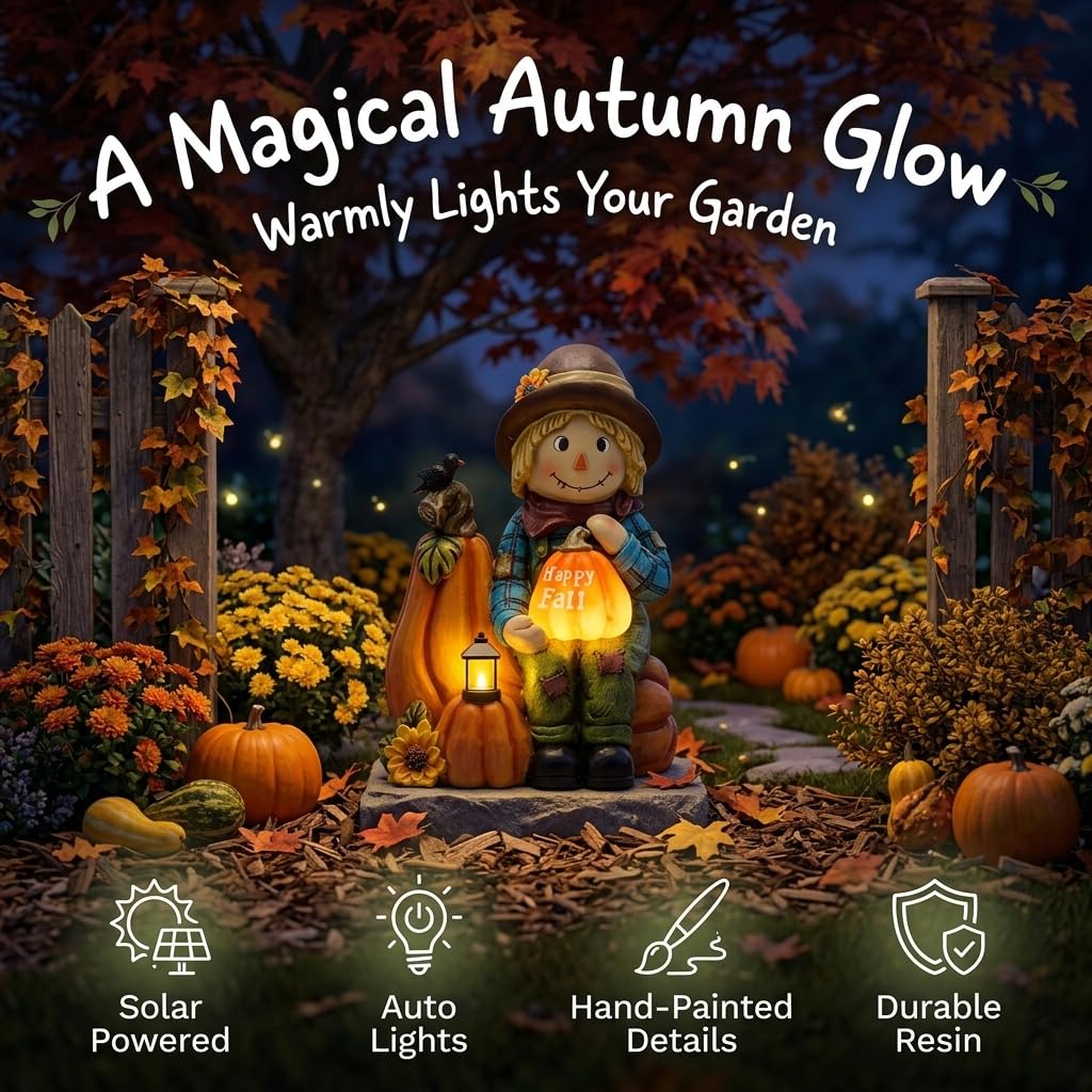 Fall Outdoor Decor Scarecrow Pumpkin Solar Statue 6.3"