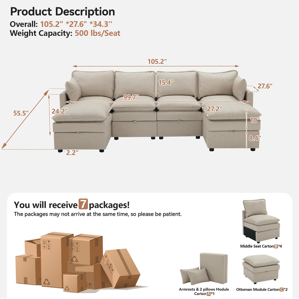 105" Beige Faux Leather Storage 4 Seater Sofa with 2 Ottomans, Comfy Couch