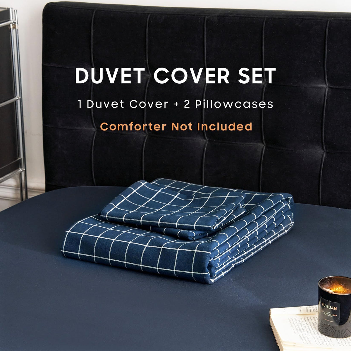 Grid Cotton Duvet Cover Set, Plaid Checkered Geometric Farmhouse, 100% Washed Cotton Textured Bedding Set, 3 Pieces