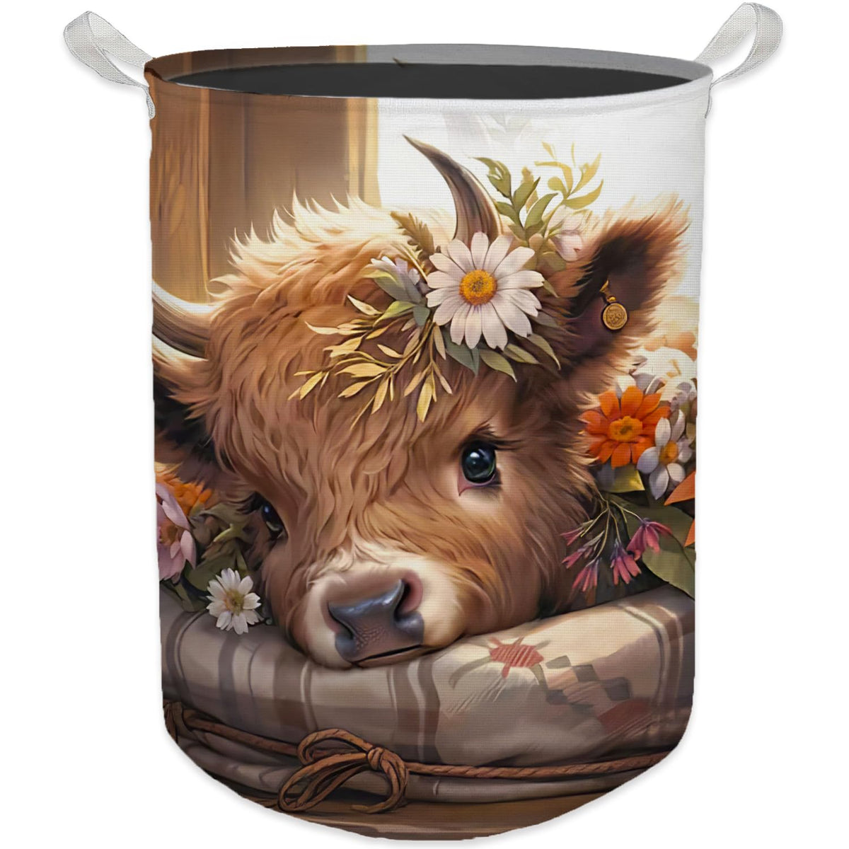 Highland Cow Laundry Basket, Farmhouse Floral Western Cow Waterproof Collapsible Laundry Hamper Dirty Clothes Storage
