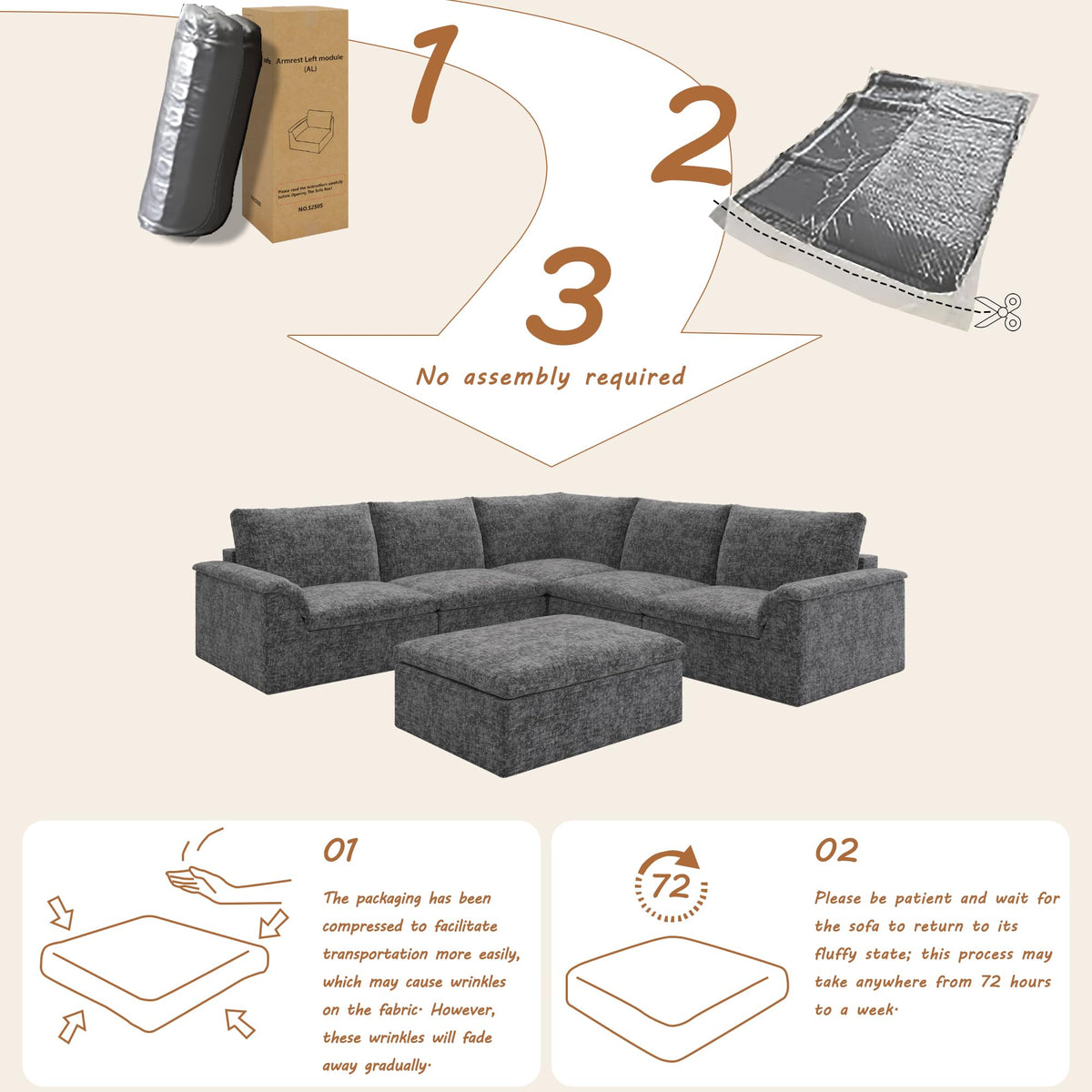 115" Modular Sectional Sofa, Boneless Couches