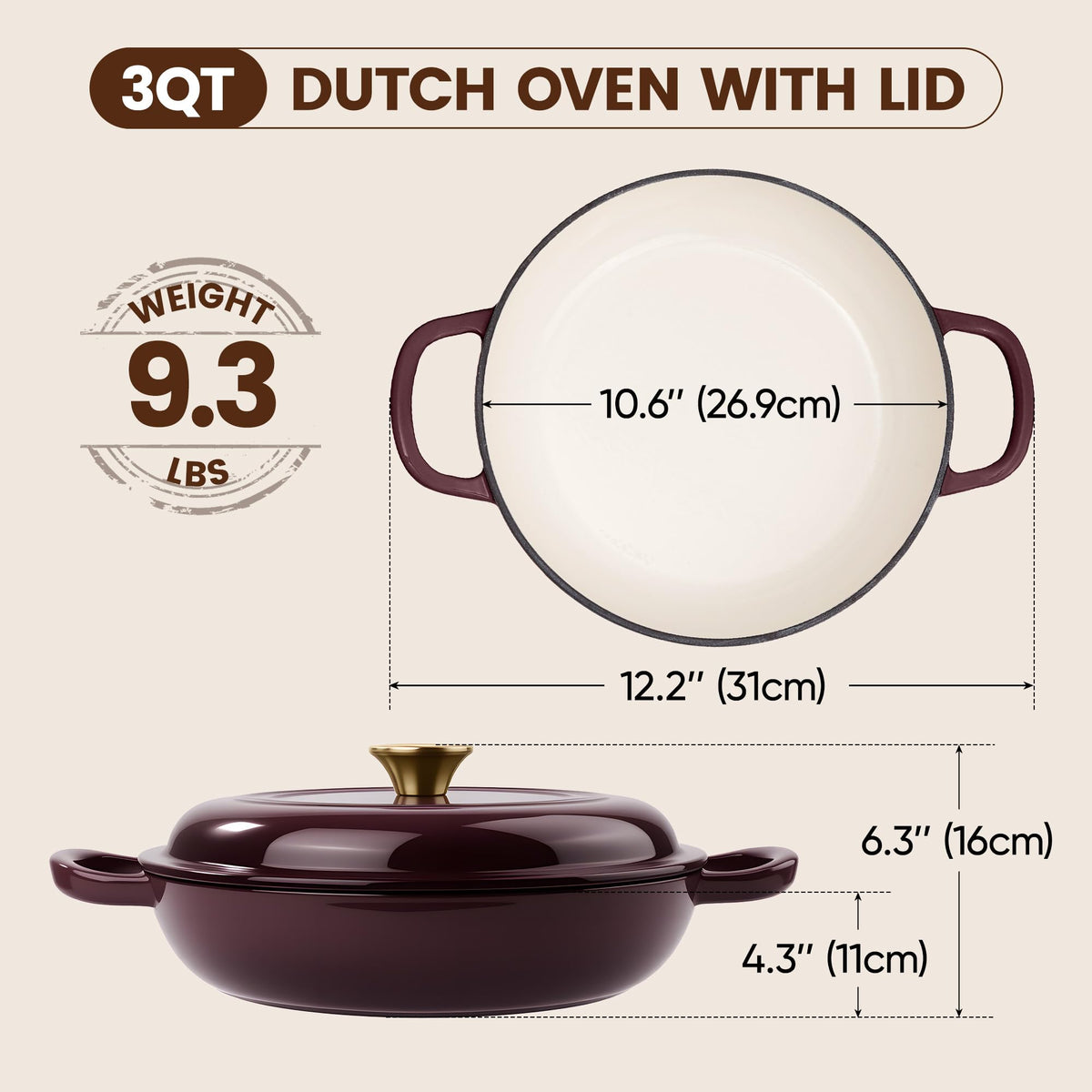 Vintage Style 3 Quart Enameled Cast Iron Braiser, Non Stick Enameled Cast Iron Skillet with Lid, Dutch Oven Skillet