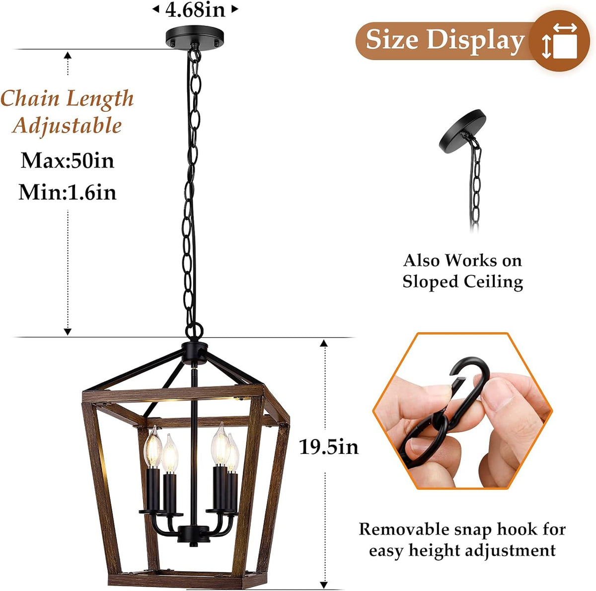 4-Light Oak Farmhouse Lantern Chandelier