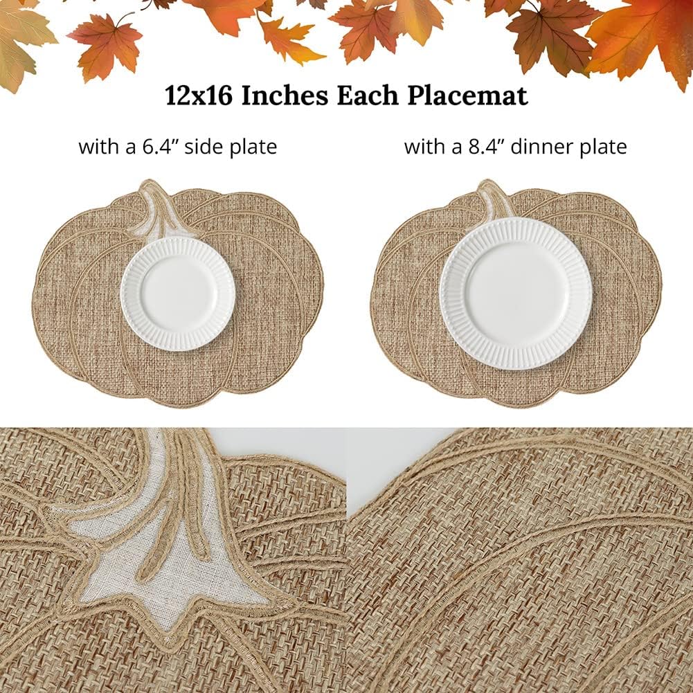 Fall Placemats Set of 4 - Pumpkin Placemats for Thanksgiving Halloween Natural Color, Polyester Harvest Placemats for