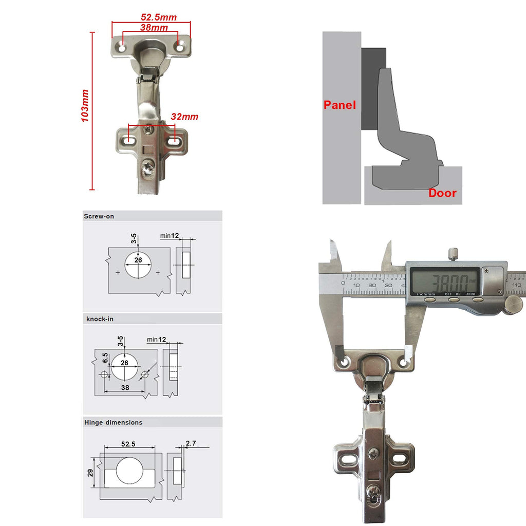 95 Degree Inset Hinges 26mm with Damper Soft Closing Clip on Assembly Kitchen Cabinet Cupboard Wardrobe Door Hinge