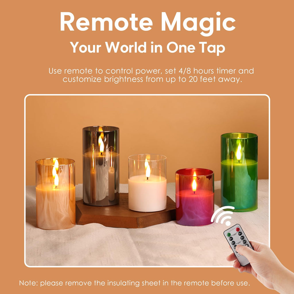Gold Glass Flameless Pillar Candles with Remote, Flickering Fall LED Candles Battery Operated Set of 3