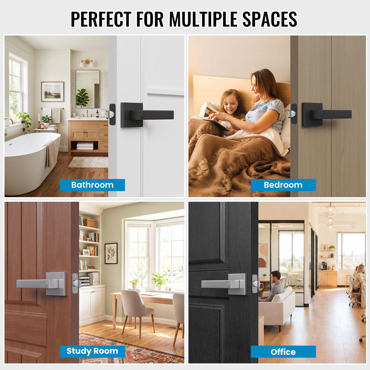 1 Pack Privacy Door Interior Handle with Lock Square Lever Bathroom