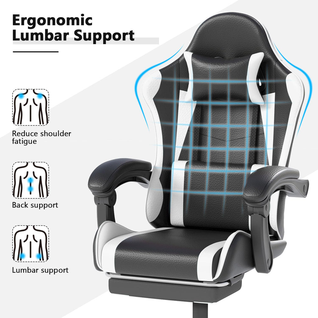 Gaming Chair with Headrest and Footrest, White