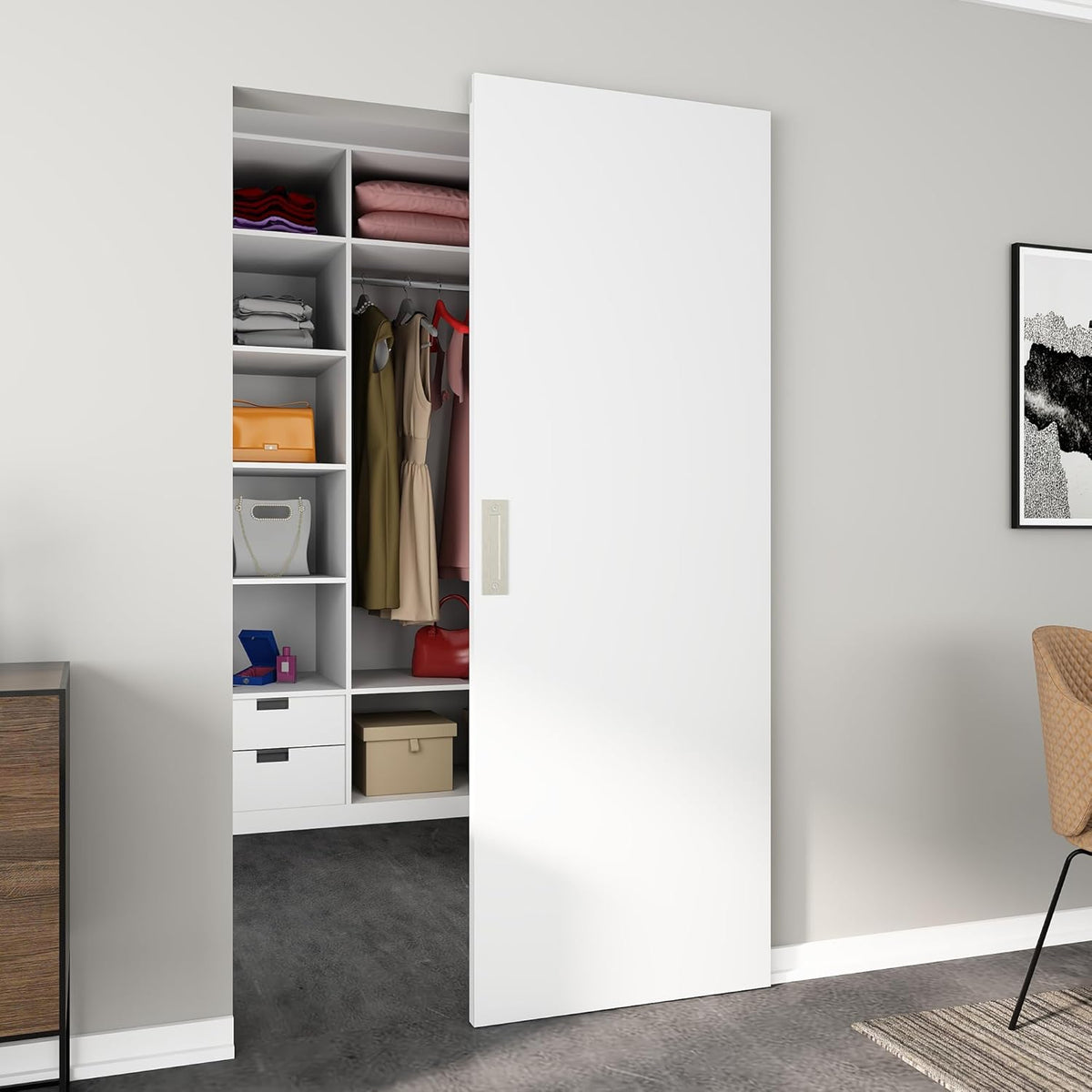 30"x84" Flush Solid Core White Primed Concealed Sliding Hidden Barn Door with Soft Close Installation Hardware and Double Sided Pulls Included