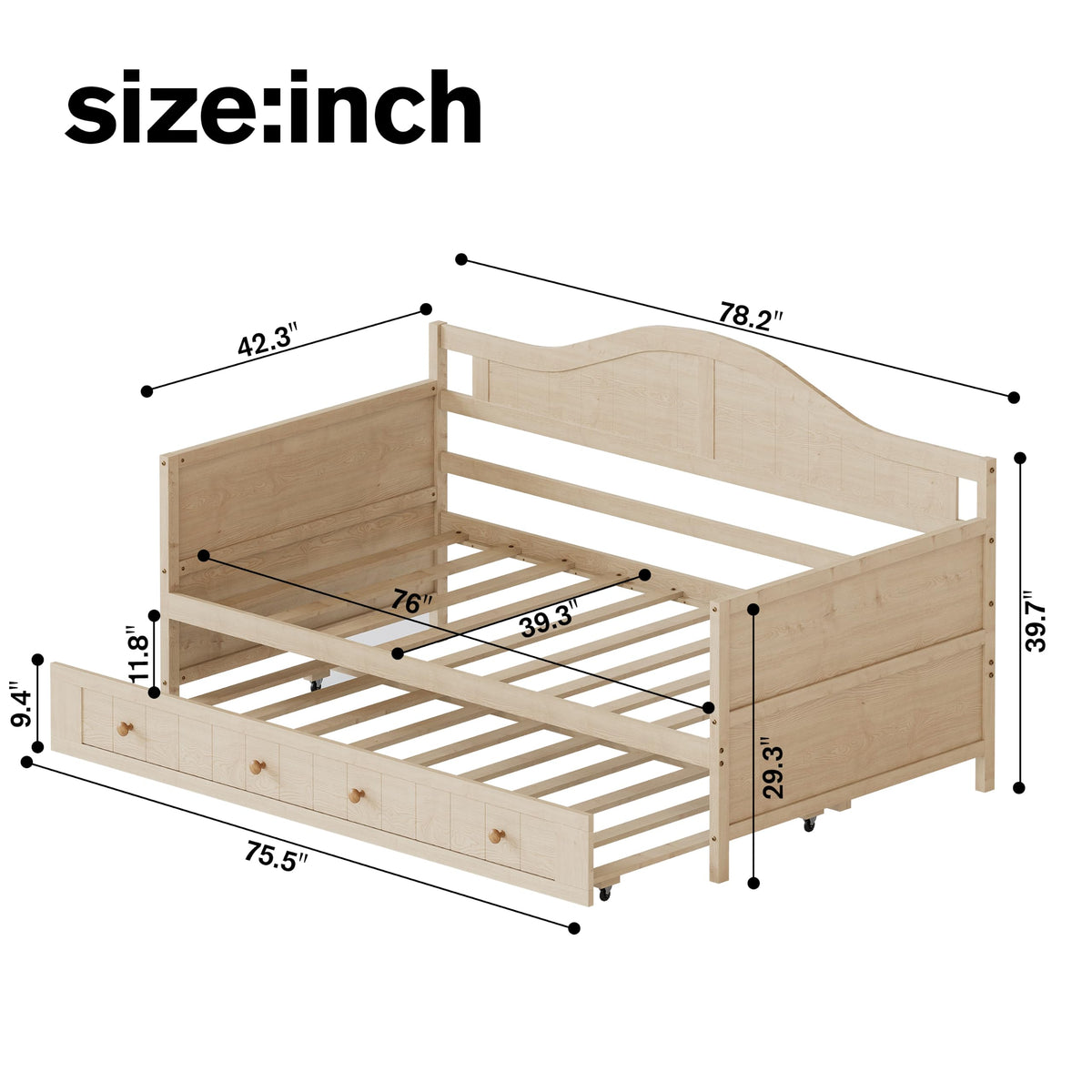 Twin Size Wood Daybed with Trundle, Mid-Century Modern Daybed with Curved Headboard, Twin Trundle Bed with Wood Slat