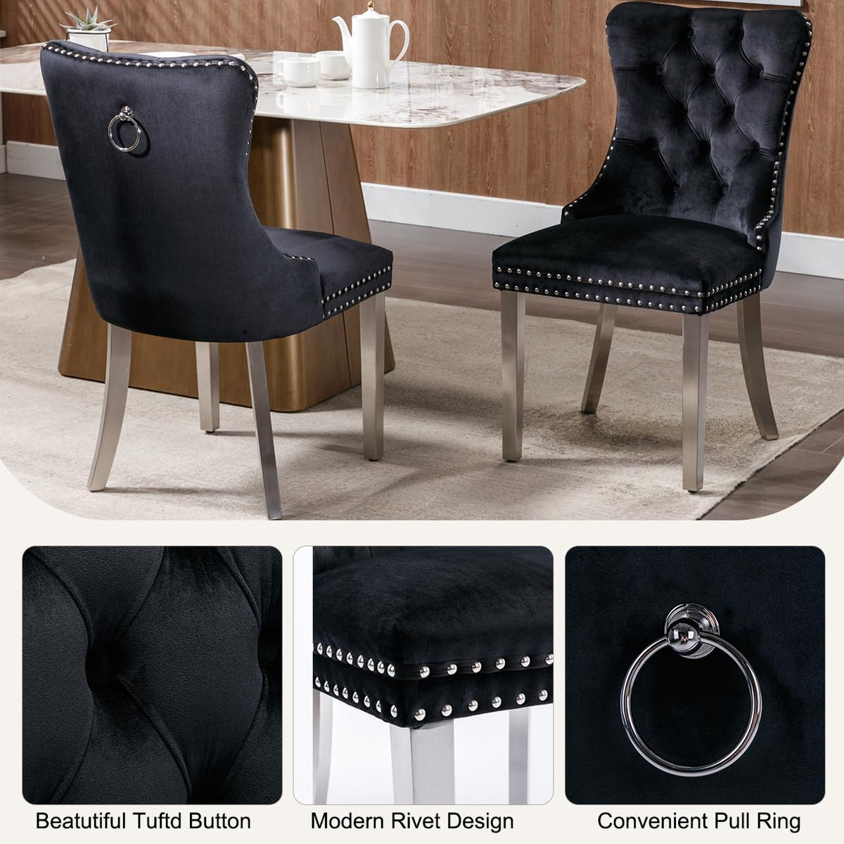 7-Piece Round Glass Dining Table Set for 6, 47" Circle Kitchen Table with 6 Black Velvet Chairs Modern Silver Glass