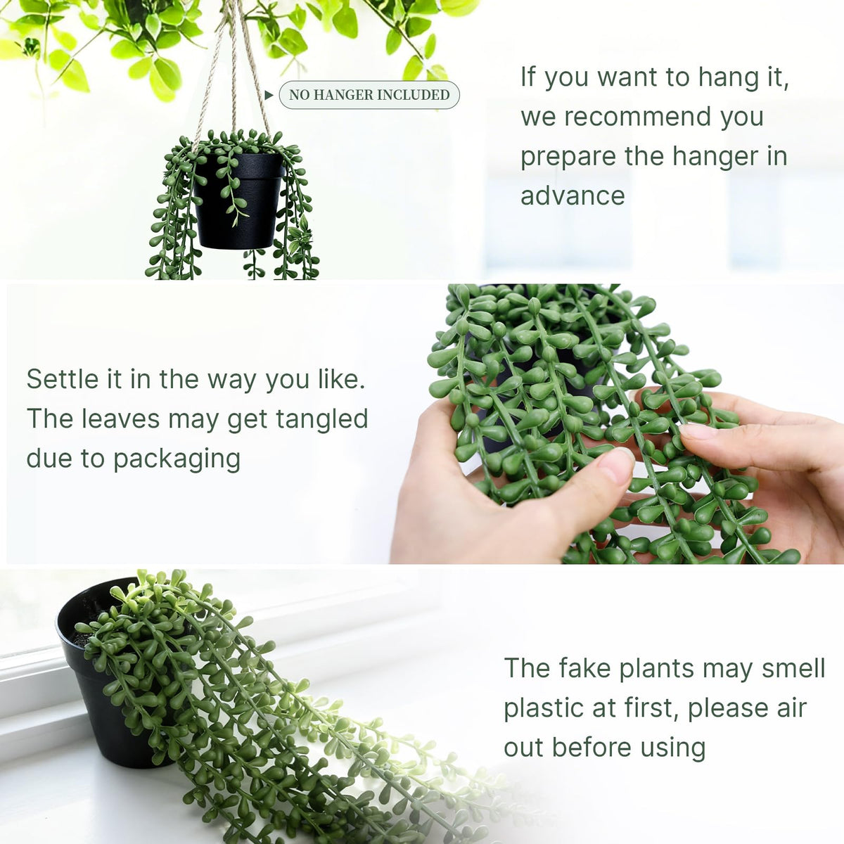Artificial Hanging Plants for Shelf, 2-Pack Fake Potted Greenery Faux String of Pearls in Black Pot, Décor Living