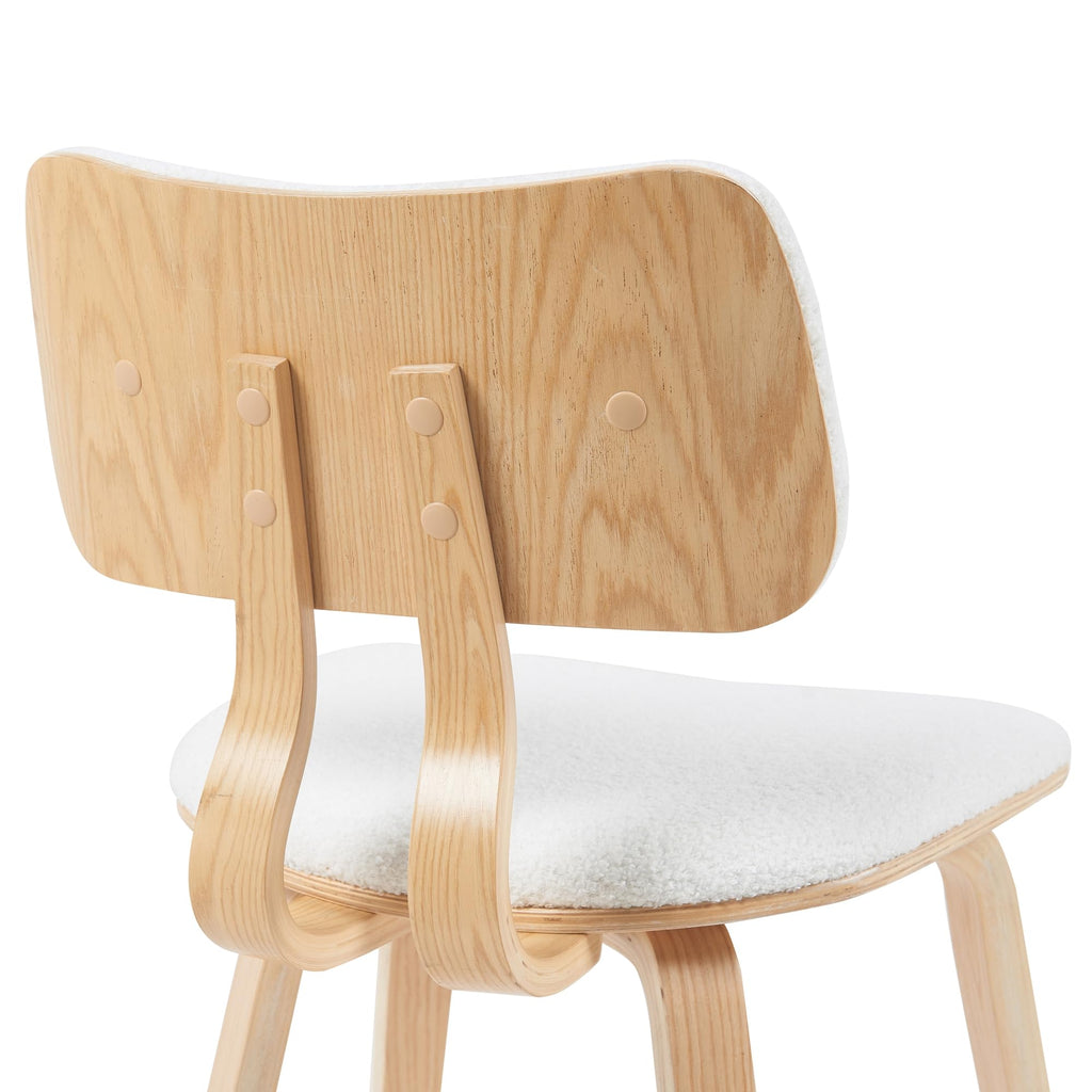 Jaguar Mid-Century Upholstered Dining Chair in White Boucle and Patterned Oak Finish