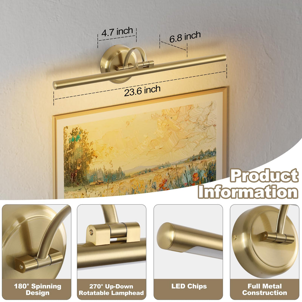 Hard-Wired Picture Lights 23.62 Inch Dimmable LED Wall Art Lighting Modern Brass Gallery Light Poster Lights