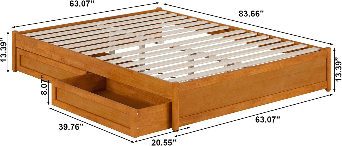 Queen Wood Panel Platform Bed with Storage Drawers, Light Toffee