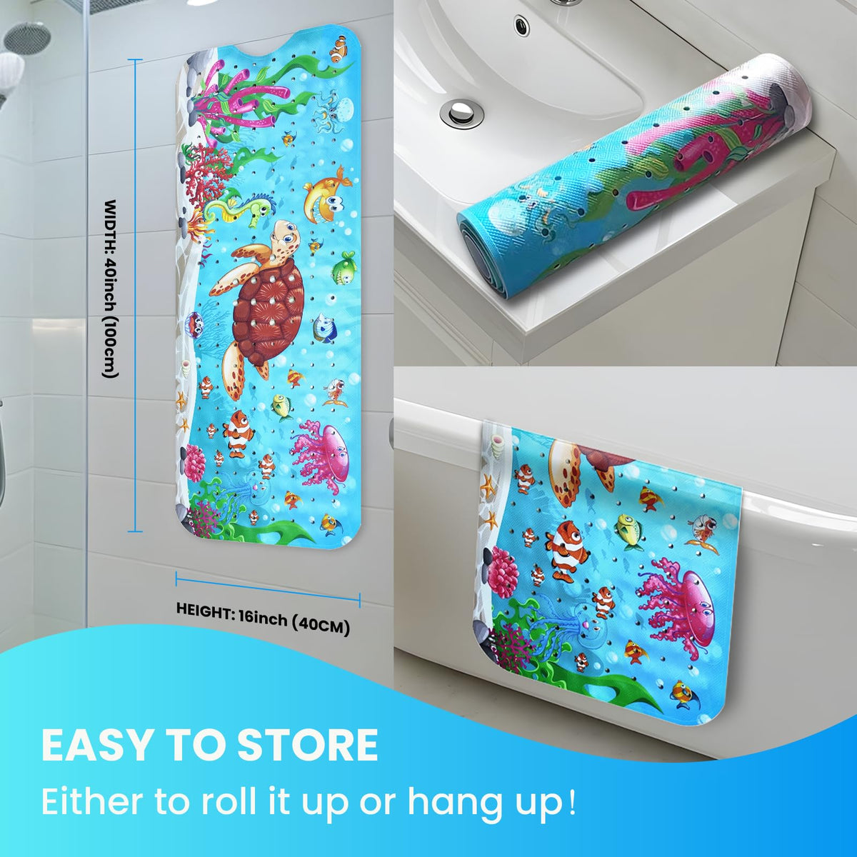 Baby Bath Tub Mat, 40 x 16 Inch Extra Large Non Slip Kids Cartoon Bathtub Shower Mats with Suction Cups & Drain