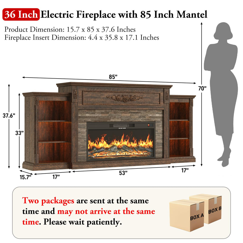 85" Electric Fireplace with Mantel, Rustic Brown