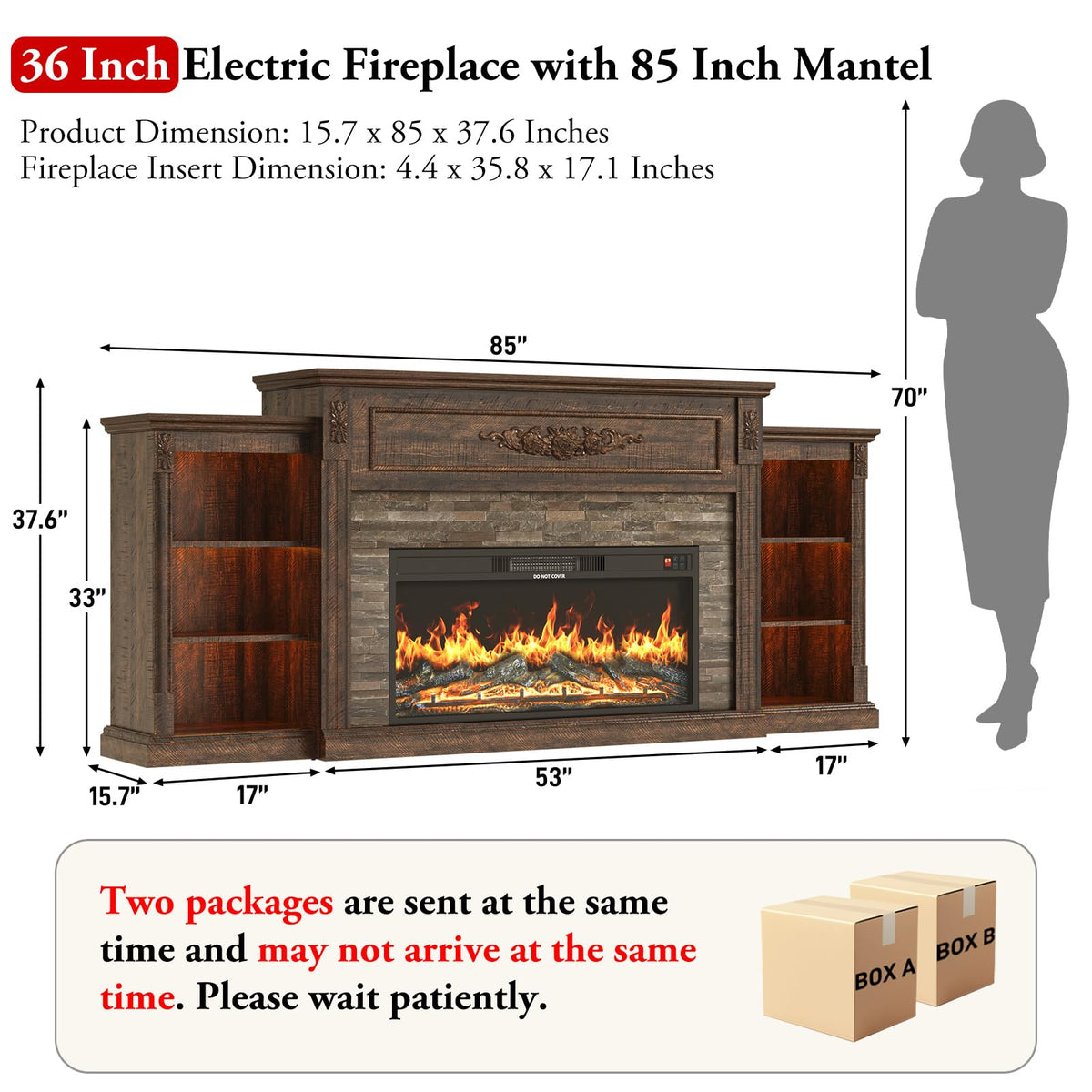 85" Electric Fireplace with Mantel, Rustic Brown