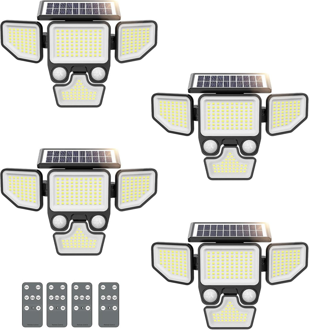 3000LM Solar Lights Outdoor, 4 Heads Solar Security Lights with Remote Control, 180 LEDs IP65 Waterproof Motion