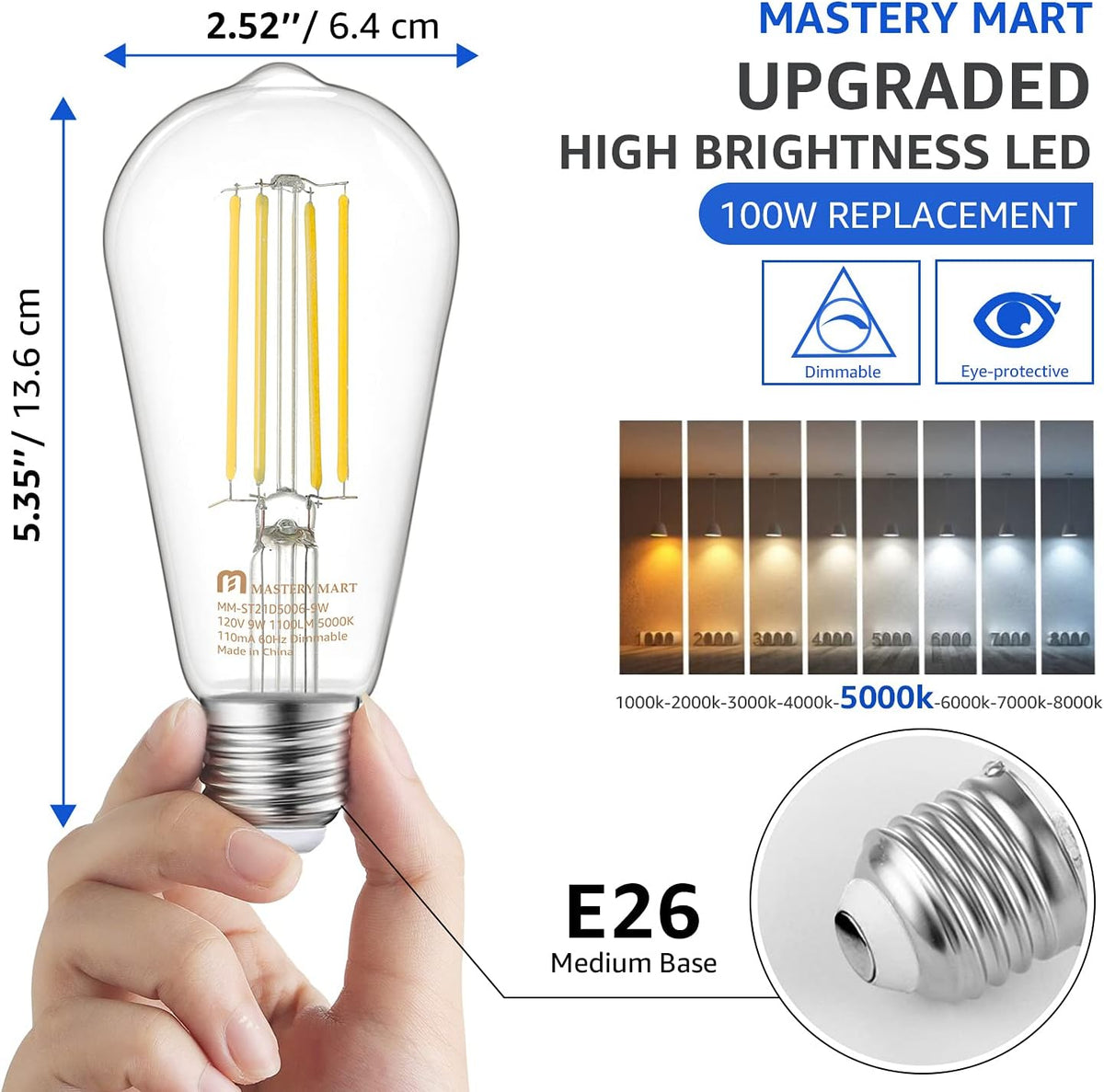 100 Watt LED Bulb, Edison Bulbs, Dimmable Lightbulbs E26, 5000K Daylight White Bright 9W 1100 Lumens, ST21/ST64