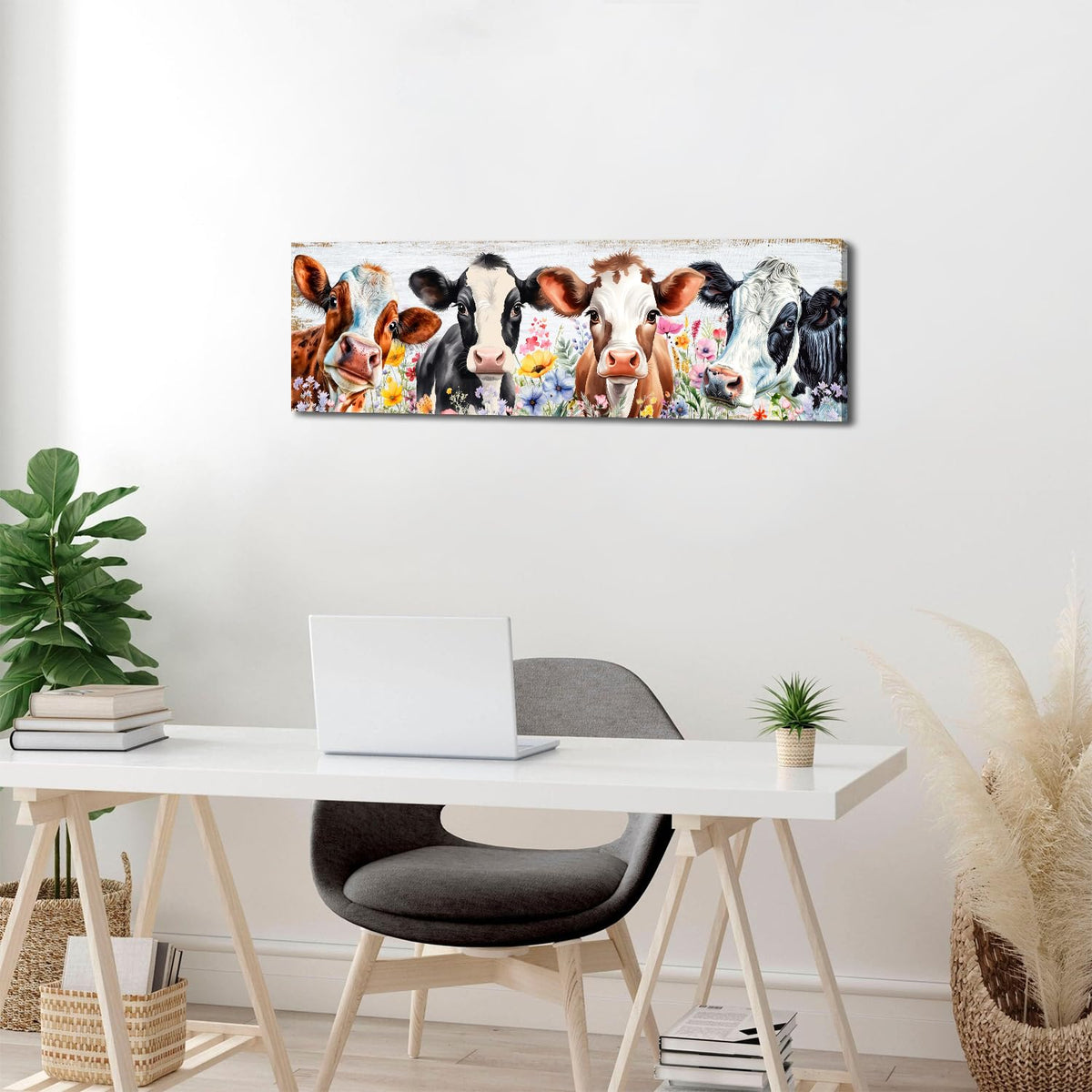 Country Cow Canvas Wall Art Kitchen Wall Decor Vintage Funny Cattle Flowers Picture Prints Rustic Farmhouse Painting