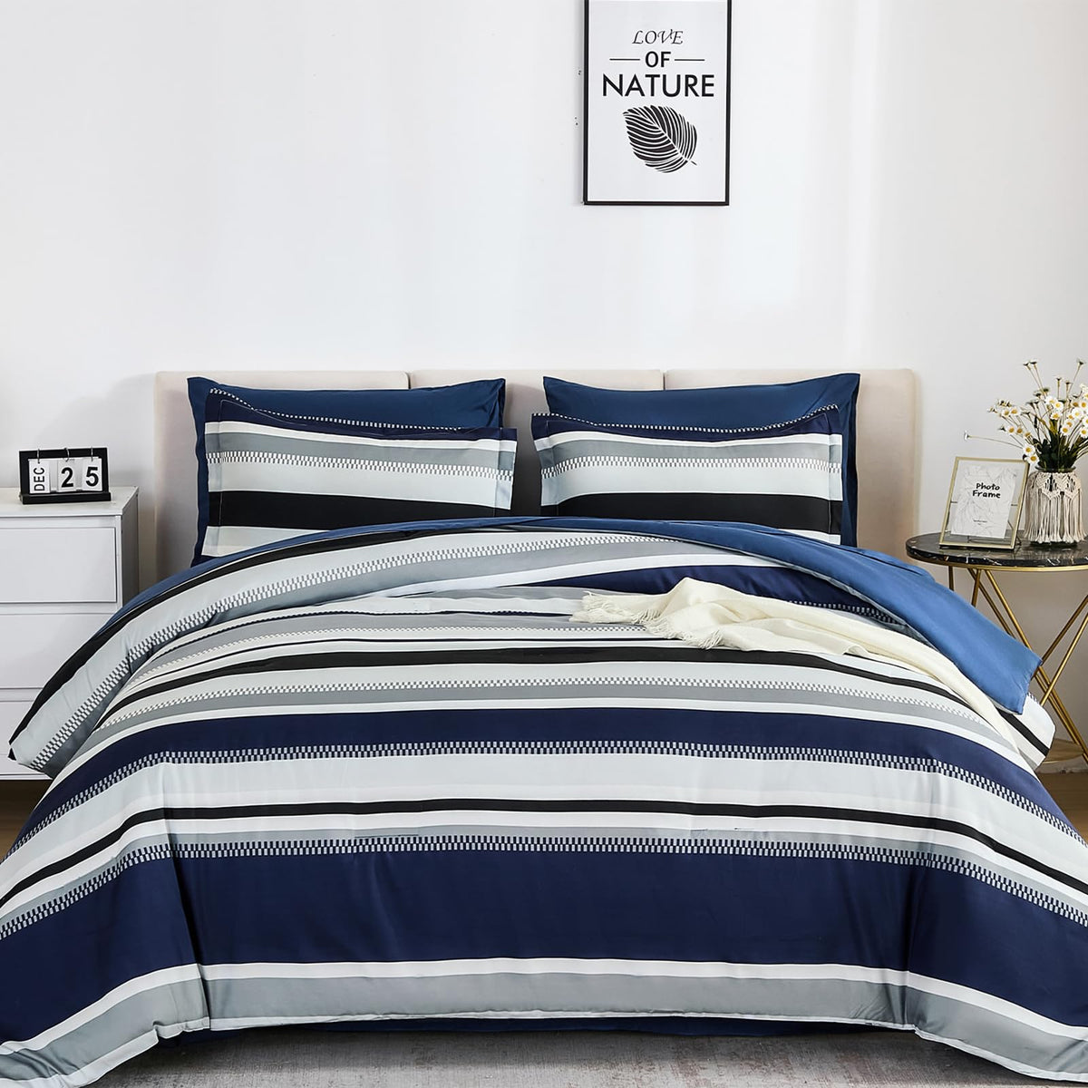 Comforter, Navy Blue Bedding Comforter Set for Bed, Striped Bed in a Bag Comforter Sets for