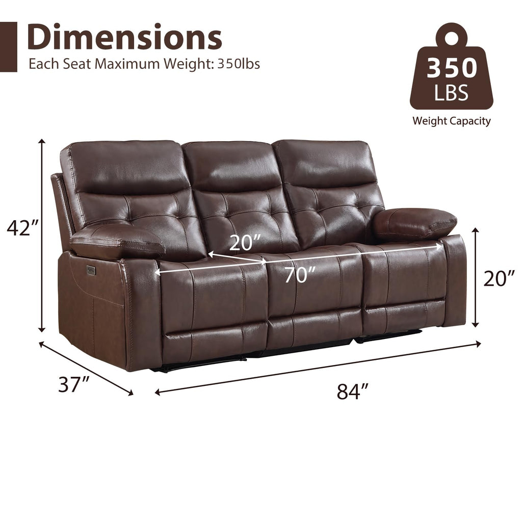 Genuine Leather Power Recliner Sofa, 3 Seater Reclining Sofa with Comfortable Arms and Back, Modern Electric Recliner