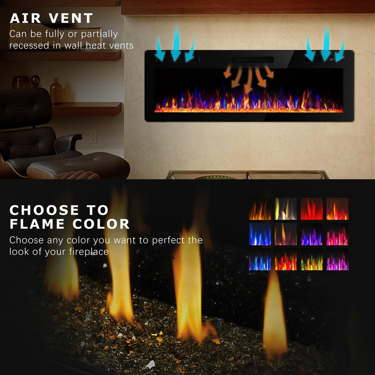 50 Inch Ultra Thin Electric Fireplace-Narrow Bezel Linear Fireplace Heater Recessed Wall Mounted, Remote and Screen