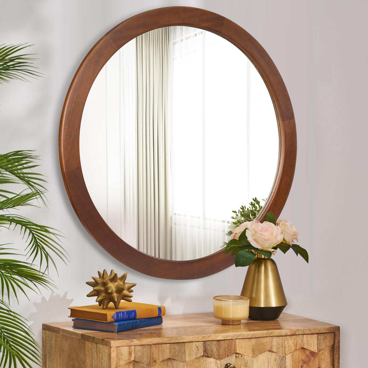 Round Mirror 36 Inch,Wood Rustic Bathroom Wall Mirror with Walnut Frame
