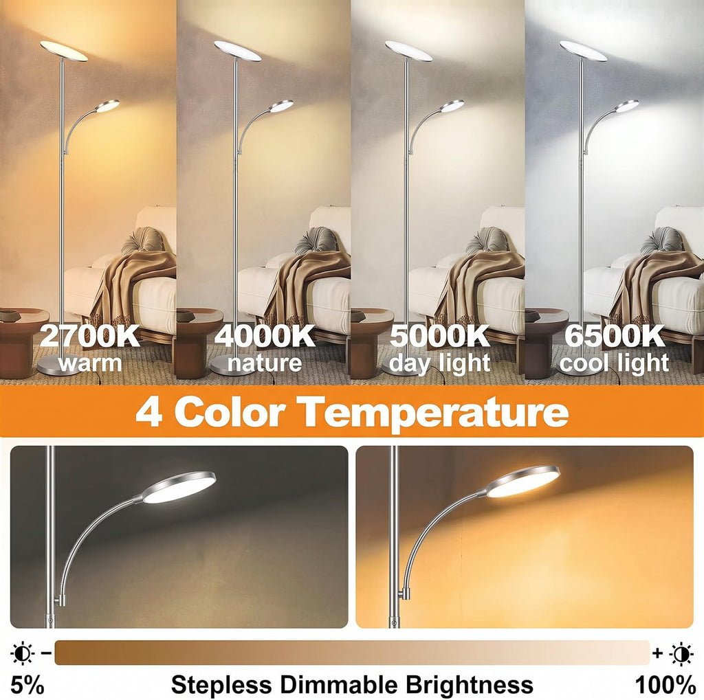 Silver Metallic Floor Lamps, 44W/4500LM High Output 2 in 1 LED, Smooth Stepless Control & Timer, 69" Standing Lamp