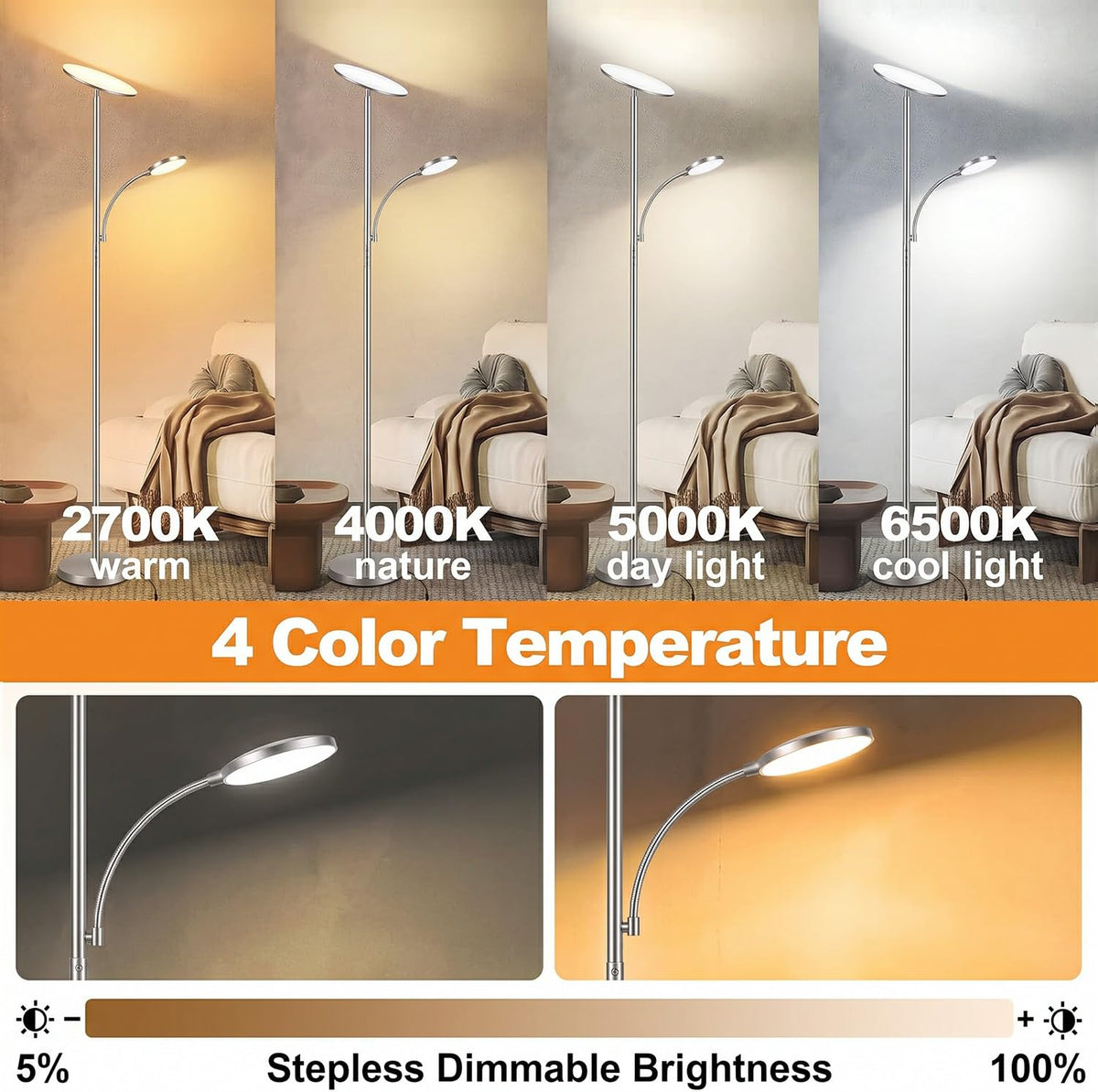 Silver Metallic Floor Lamps, 44W/4500LM High Output 2 in 1 LED, Smooth Stepless Control & Timer, 69" Standing Lamp